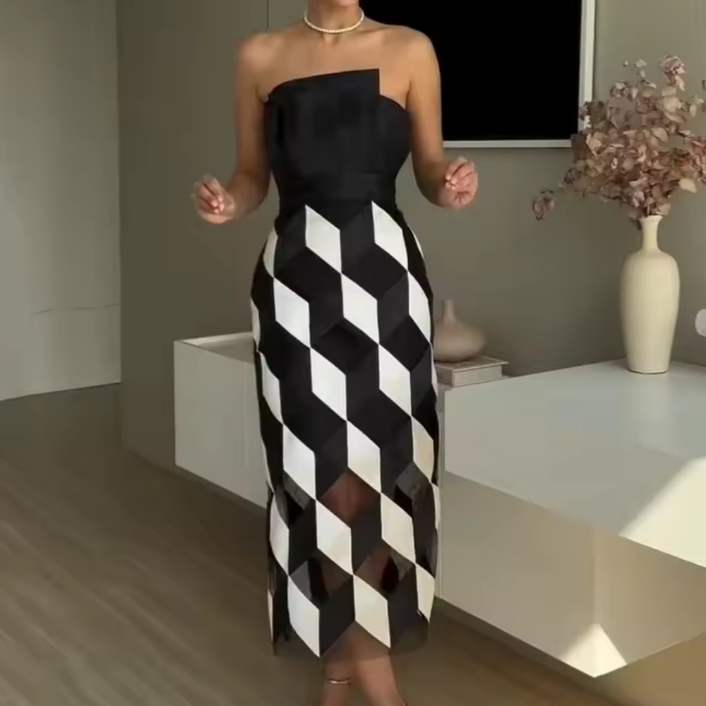 Midi Dress Women Fashion Sleeveless Tube Nipped Waist Contrast Multifaceted Prin - Picture 2 of 6